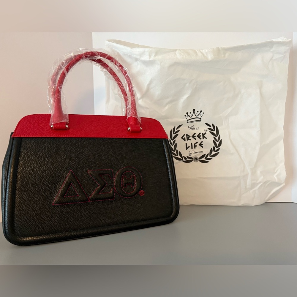 New Tauntus Greek Life Delta Sigma Theta Sorority (ΔΣΘ) BlackandRed Leather Tote - Picture 2 of 7